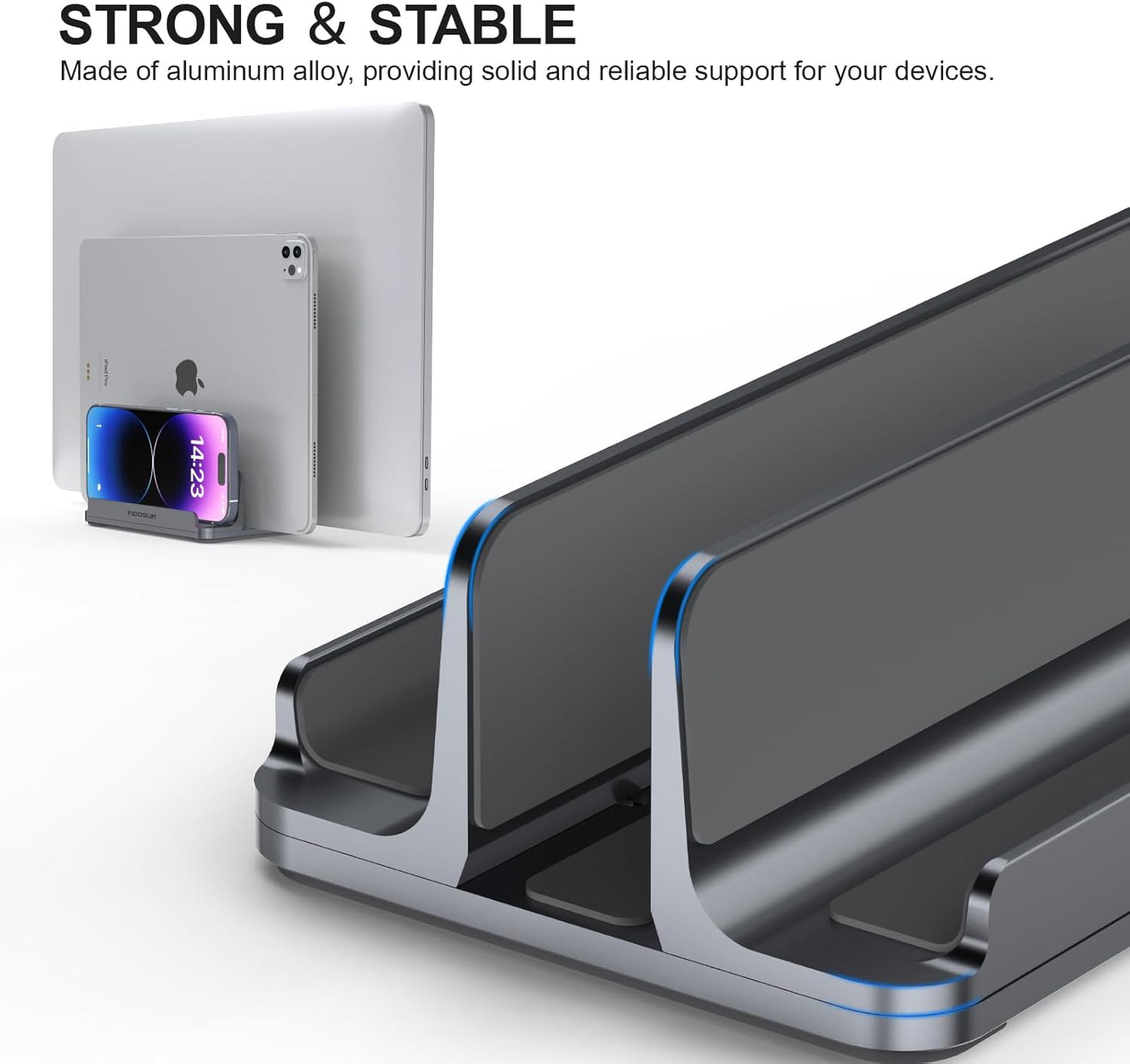 YICOSUN Aluminum Vertical Laptop Stand for Desk - Adjustable Width Dock for MacBook, Surface, Samsung, HP, Dell up to 17.3 inches - Space-Saving & Protective Design - Gray