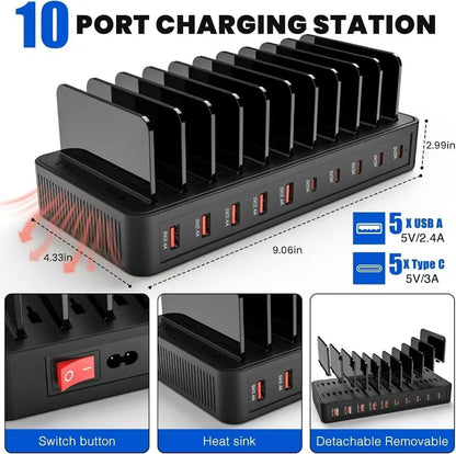 100W 10-Port Smart Charging Station | 5 USB-A & 5 USB-C Ports | Organized Design for Cellphones, Tablets, Watches & More (Black)
