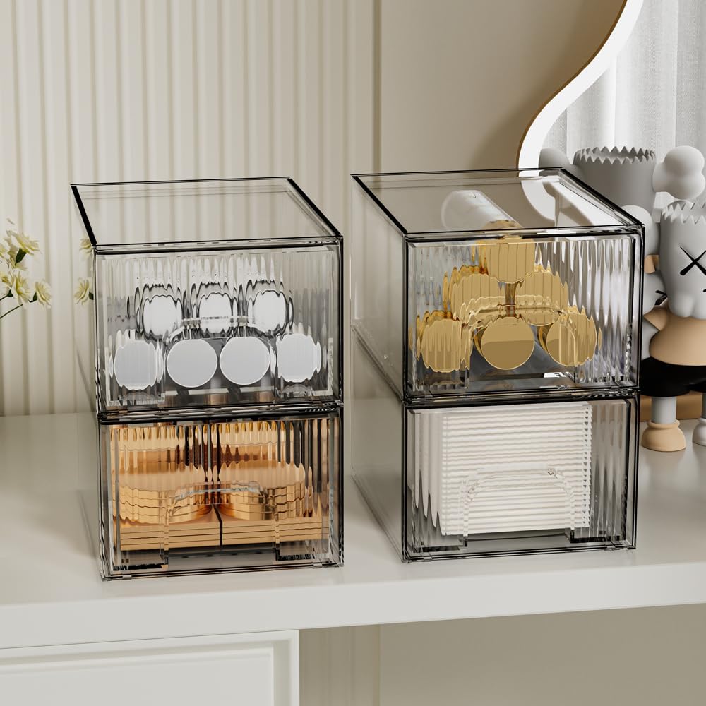ZHIAI 8 Pack Clear Stackable Storage Drawer, Acrylic Drawer, Cosmetic Organizer, Plastic Organizer for Dresser, Under, Kitchen Cabinet, Pantry, Home Organization and Storage