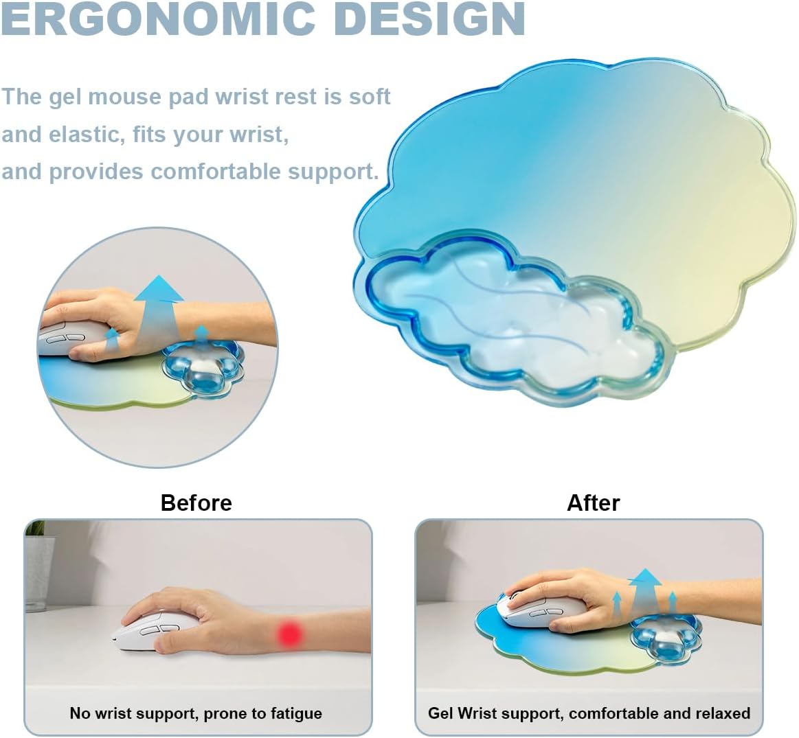 Gel Wrist Rest and Cloud Mouse Pad Support for Keyboard and Mouse - Ergonomic Pink Keyboard Wrist Pad Set for Typing Pain Relief/Computer/Laptop/Gaming/Home/Office (Cloud Shape, Gradient Blue Pink)