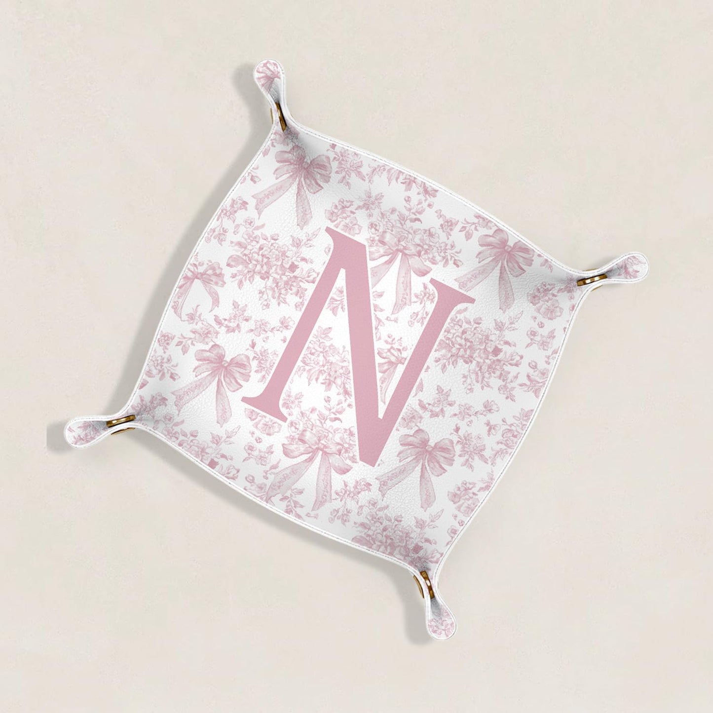 Gifts for Mom Initial Valet Tray,Pink Personalized Gifts for Women Mom Grandma Girlfriend,Nightstand Desk Accessories PU Leather Tray Organizer for Birthday Christmas Gift Ideas (B)