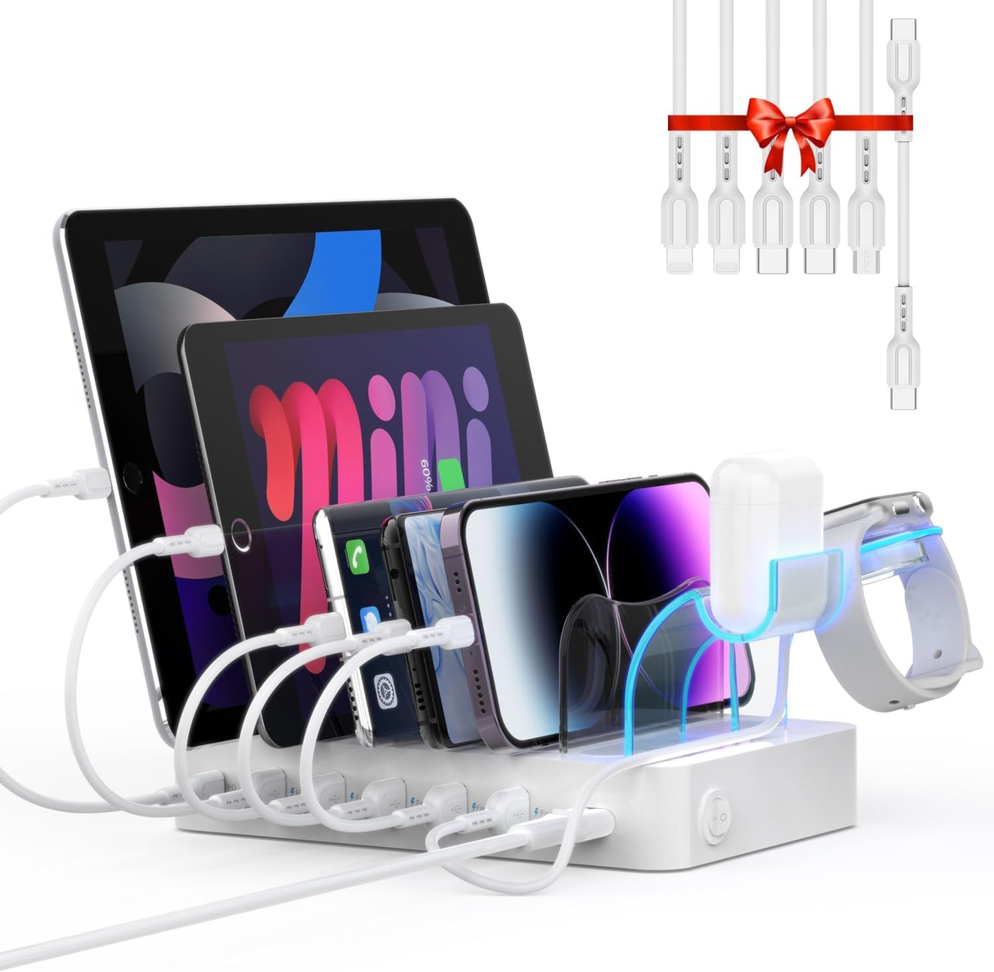 SooPii 60W 6-Port PD Charging Station for Multiple Devices, 20W PD USB C Fast Charging for lPhone 14/13/12,6 Short Cables Included, 2 in 1 Holder,for Phones,Tablets and Others…