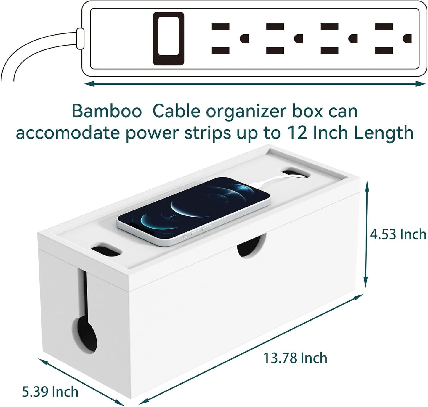 Bamboo Cable Management Box, Large Cord Organizer Box Cable Box to Hide Wires & Power Strips for Desktop Storage Cord Holder for Office Home,No Assembley Required (All White, Large)
