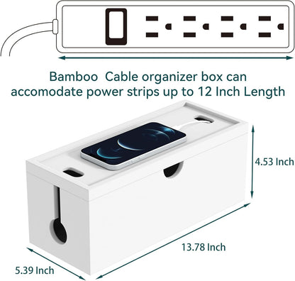 Bamboo Cable Management Box, Large Cord Organizer Box Cable Box to Hide Wires & Power Strips for Desktop Storage Cord Holder for Office Home,No Assembley Required (All White, Large)