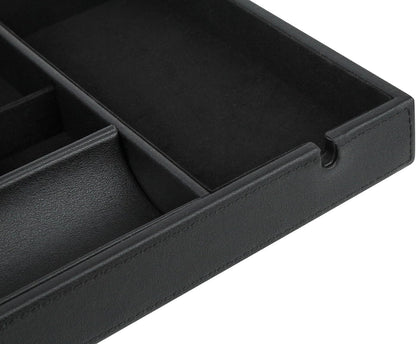 HofferRuffer Faux Leather Valet Tray for Gift, Nightstand Organizer Decorative Dresser Tray Box with Phone Charging Station, Storage Catchall for Men and Women (Black Organizer)