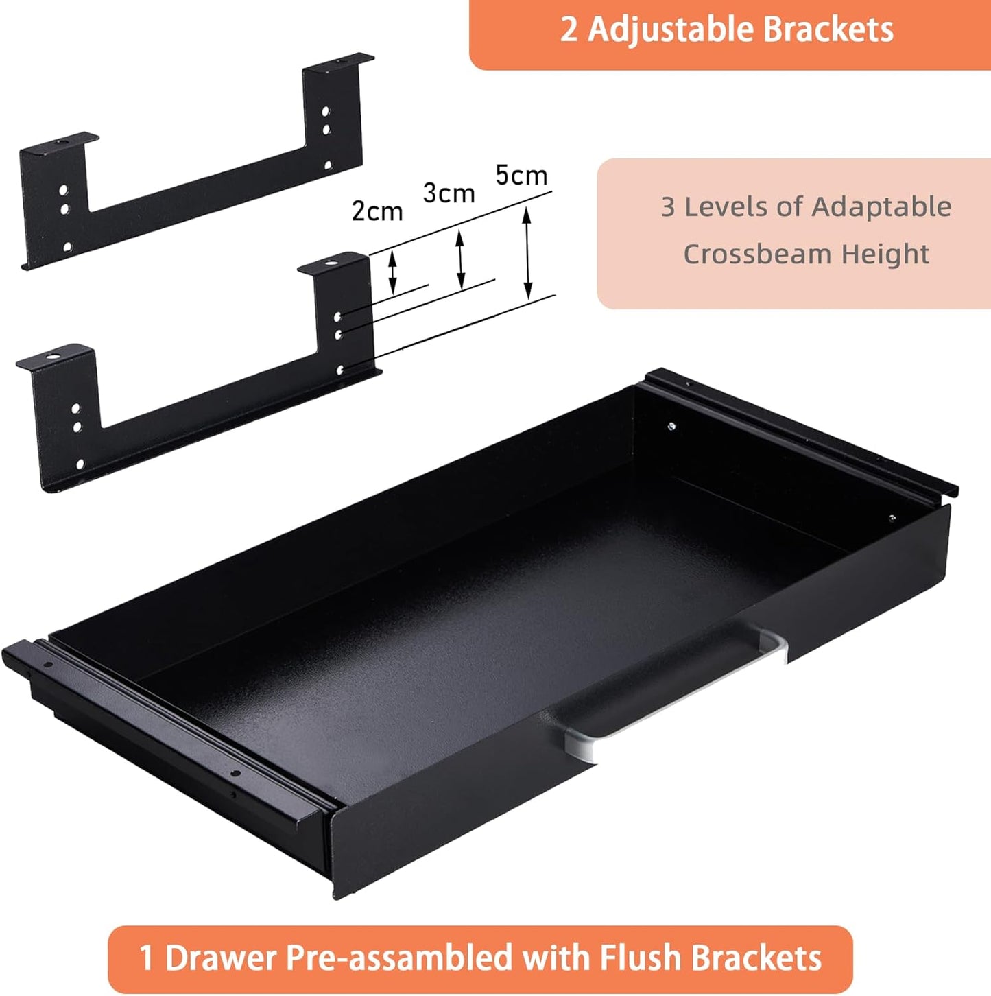 Under Desk Drawer Organizer 21" White Upgrade with Adjustable Brackets, Sliding Pull-Out Under Table Pencil Drawer, Office Standing Desk Attachment for Workbench