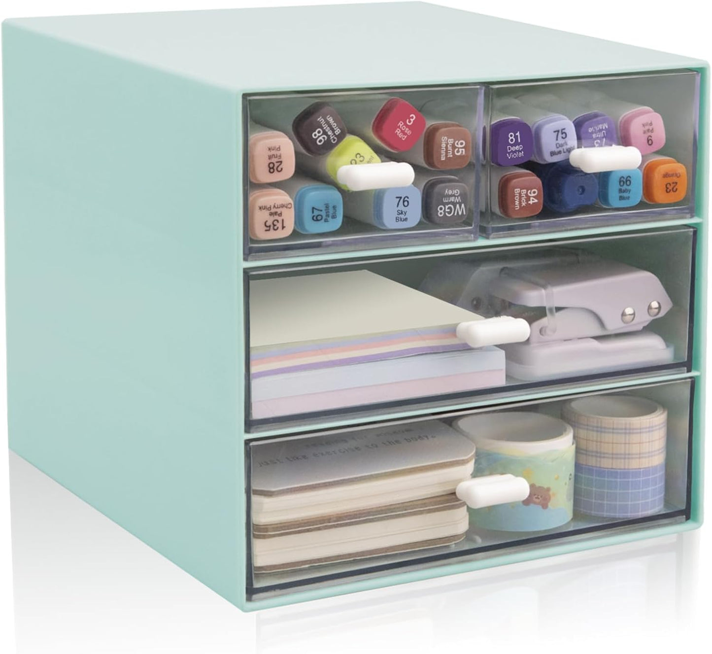 Desk Organizer with Drawer, Office Organizer with 4 Drawers, Desk Storage Box for, Desktop, Dressing table, Office, School, Home, Plastic Box and 4 Acrylic Drawers(White)