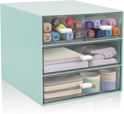 Desk Organizer with Drawer, Office Organizer with 4 Drawers, Desk Storage Box for, Desktop, Dressing table, Office, School, Home, Plastic Box and 4 Acrylic Drawers(White)