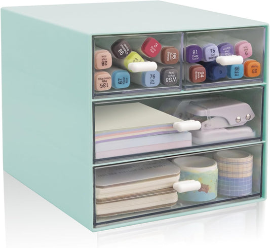 Desk Organizer with Drawer, Office Organizer with 4 Drawers, Desk Storage Box for, Desktop, Dressing table, Office, School, Home, Plastic Box and 4 Acrylic Drawers(White)