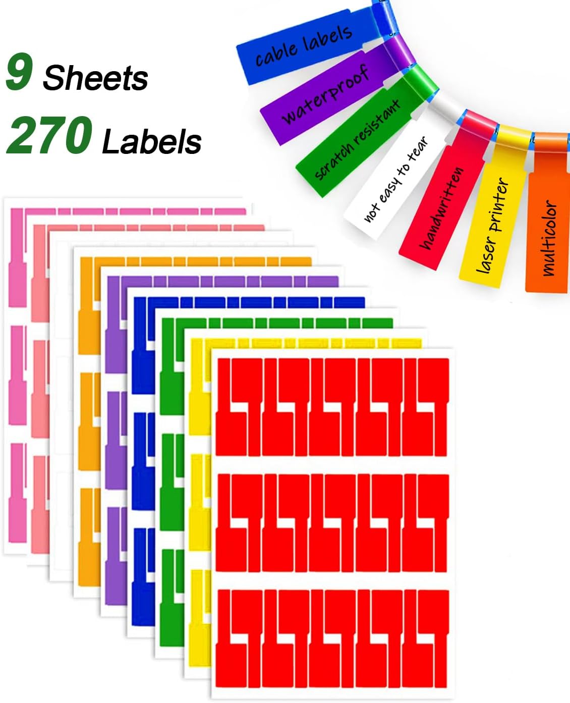 270 Pcs Cable Labels - 9 Colors, Waterproof, Self-Adhesive, Tear Resistant Wire Labels for Electronics & Laser Printer