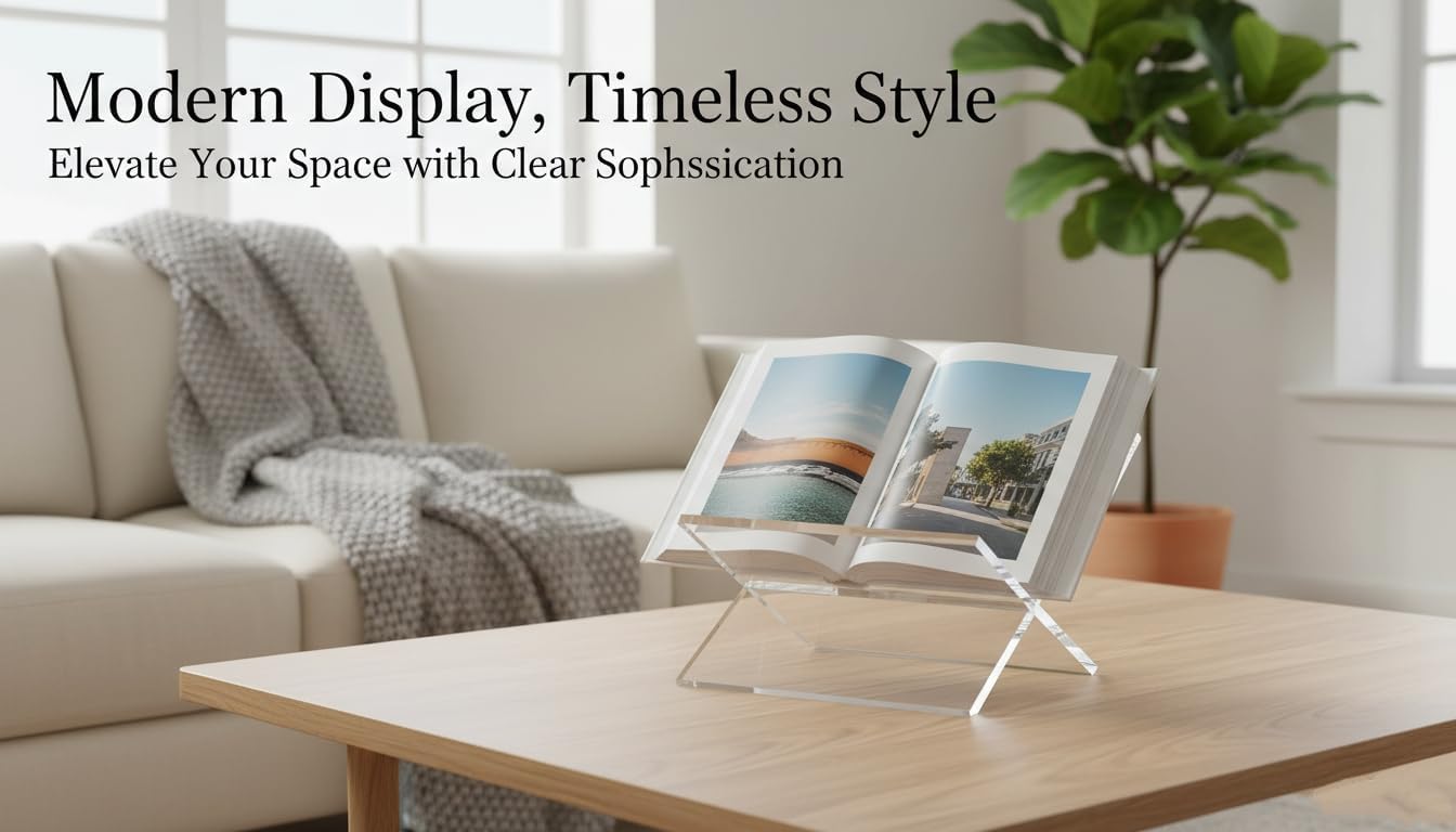Acrylic Book Stand-Open and Closed Bookstand for Display Stand and Reading Coffee Table-Magazine and Book Holder-for Recipe Cookbooks,Documents,Textbook,Art Books,Bibles,Easel-Home and Office-Black