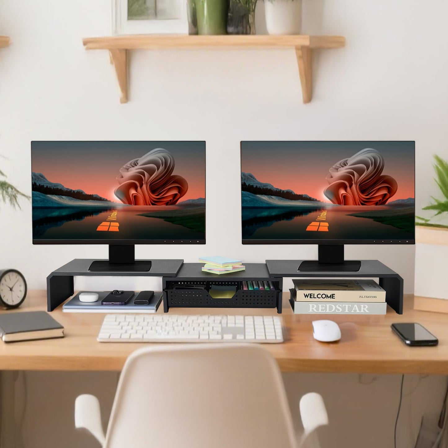 LEKETREE Dual Monitor Stand Riser with Drawer, Desk Organizer and Accessories, Pink Monitor Stand for Desk, Desktop Stand for Computer, Laptop, TV and More (Pink)