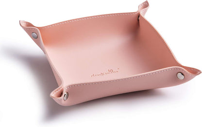 SANQIANWAN Leather Jewelry Valet Tray for Women and Man, Entryway Table Bedside Nightstand Desk Portable Small Catchall Travel Dish Plate for Key,Wallet,Watch,Phone,Coin(Pink-B)
