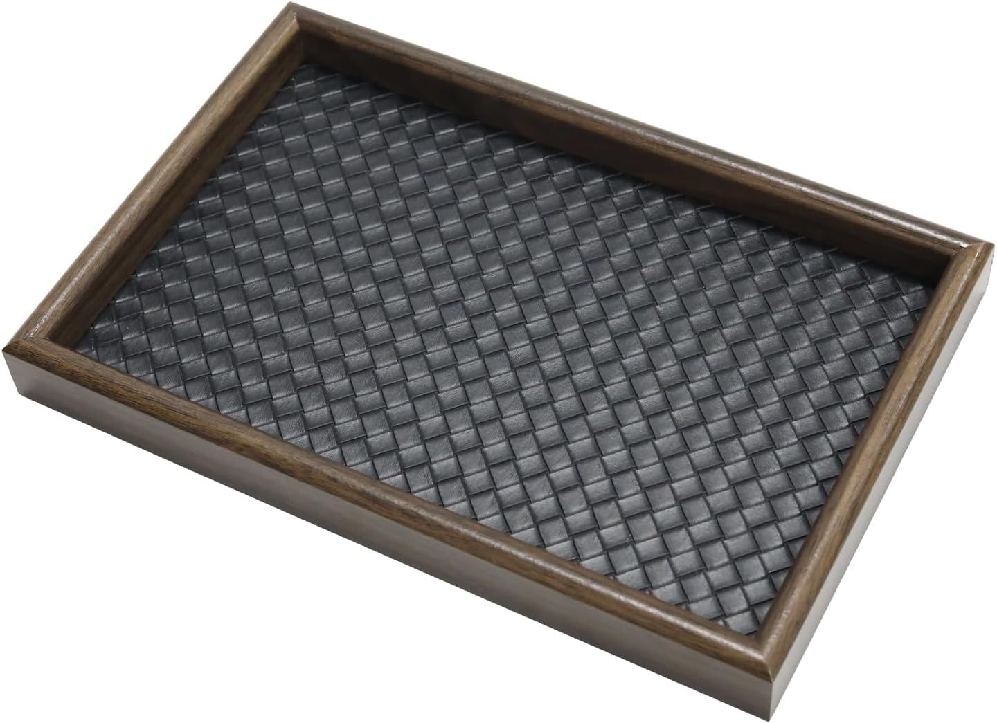 Wooden Valet Tray with Leather Base, EDC Catch All Tray Nightstand Entryway Table Vanity Organizer 11.8x7.9, Black
