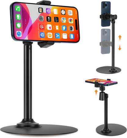 Adjustable Phone Stand for Desk with Clip Mount Live Streaming: 360° Rotatable Overhead Shot Holder with Sturdy Metal Base, Compatible with TikTok, YouTube, Zoom Video Recording (White)