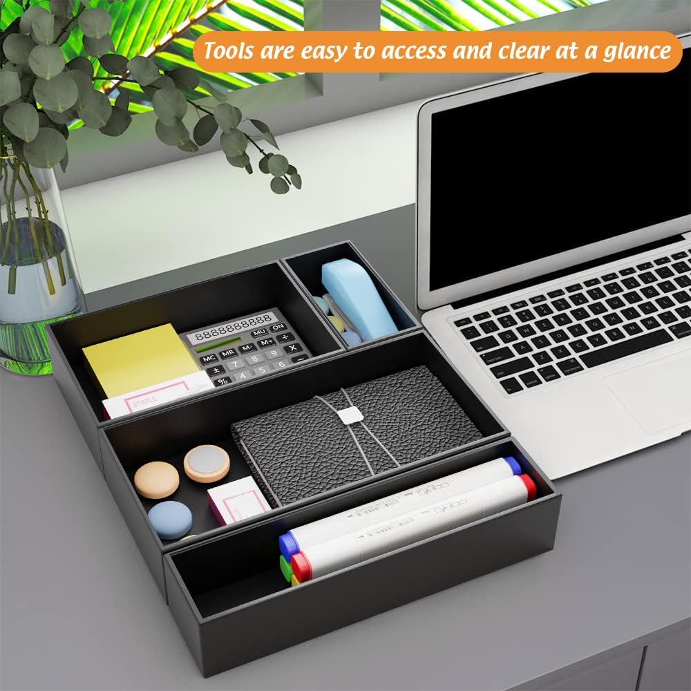 Black Bamboo Drawer Organizer - Silverware&Utensil Holder Organizer for Kitchen Drawers, Multi-Use Drawer Dividers Boxes for Bathroom Counter，Cabinet, Garage, Office Desk, Makeup, Jewelry (12"3"2.5")