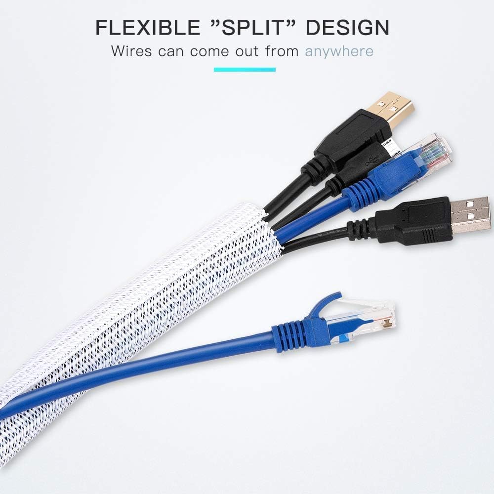 AGPTEK White Cable Sleeve, 2 Pack 5ft - 1.2 Inch Cable Management, Desk Cord Cover Organizer Wire Hider for Computer TV Wire Loom Tubing, Pet Proof Cord Protector from Cat Dog Chewing, White