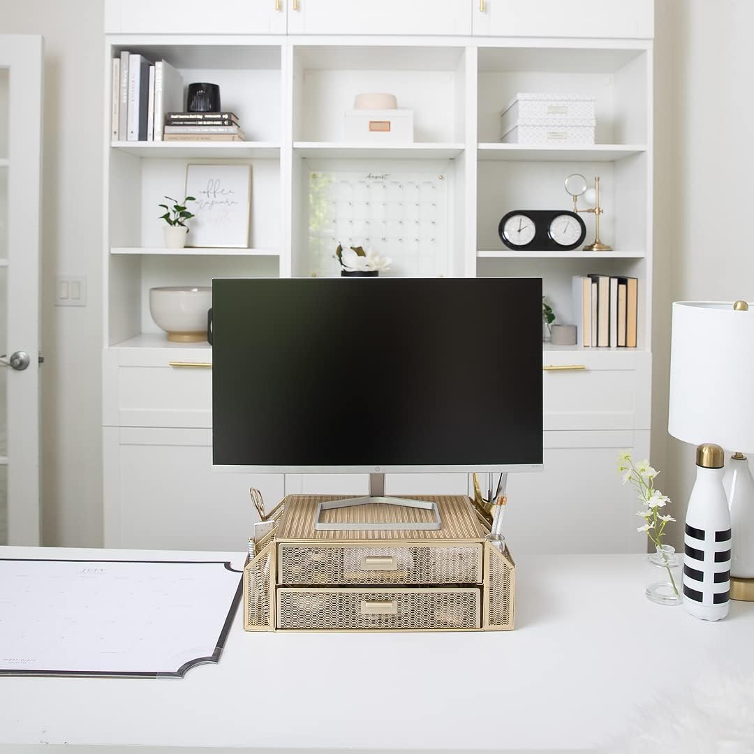 BLU MONACO | Monitor Stand with Drawer Storage | Desk Top Monitor Stand Riser Gold | Computer Support Organizer Elevador de Monitor