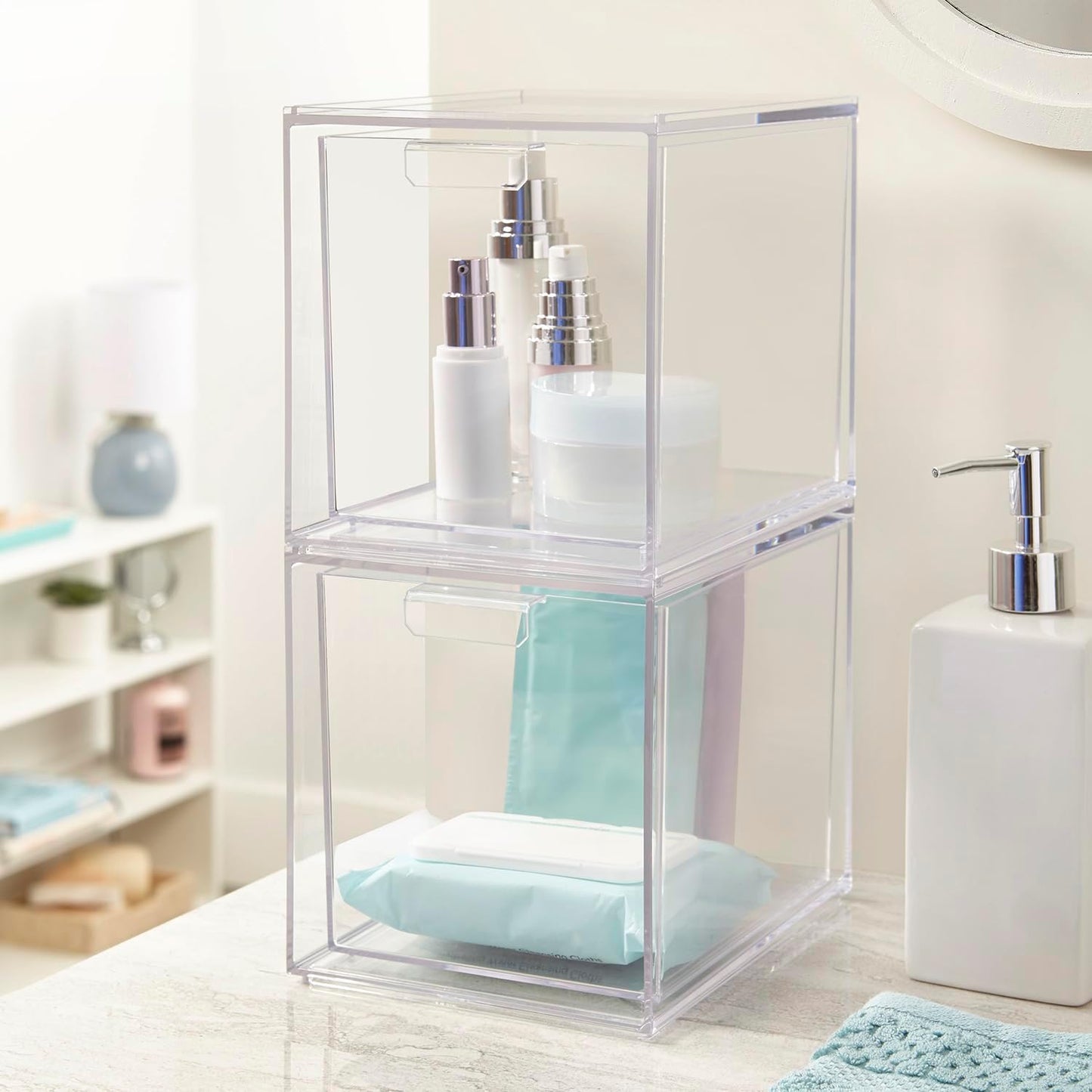 STORi Audrey Stackable Clear Bin Plastic Organizer Drawers | 2 Piece Set | Organize Cosmetics and Beauty Supplies on a Vanity | Made in USA