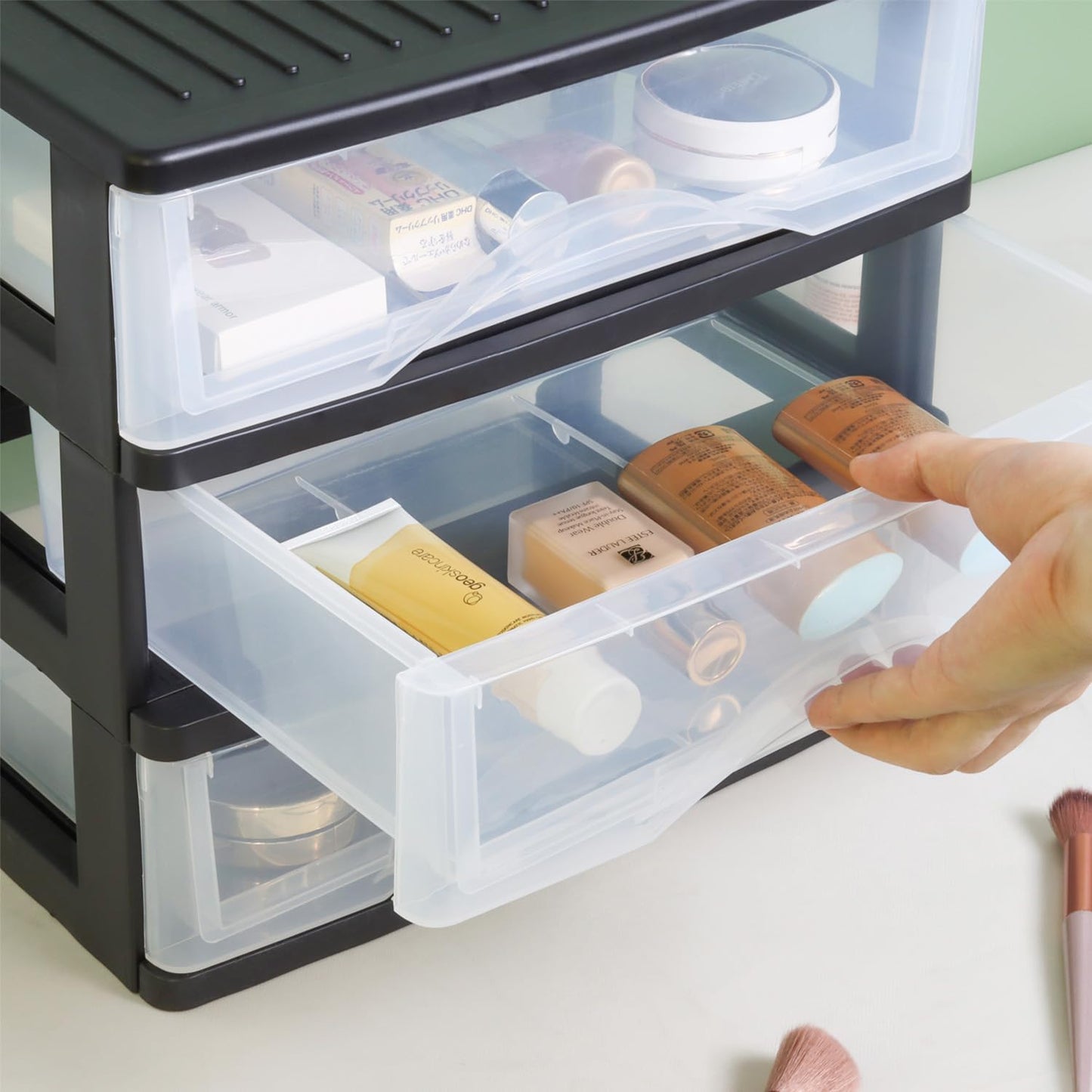 BYCY Medium 3 Drawer Plastic Clear Stacking Desktop Organizer for Office Supplies, Stackable Storage Drawers Storage Bins For Kitchen Cabinets, Pantry, Home Organization (Black, Medium 3Drawer)