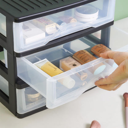 BYCY Medium 3 Drawer Plastic Clear Stacking Desktop Organizer for Office Supplies, Stackable Storage Drawers Storage Bins For Kitchen Cabinets, Pantry, Home Organization (Black, Medium 3Drawer)