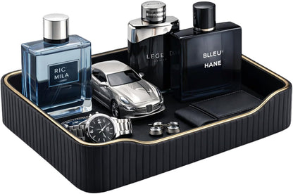 KINGFOM Prefume Tray, PU Leather Valet Tray Nightstand Organizer Perfume Trays for Men Women, Table Centerpieces Decorative Vanity Trays, Desk Organizer Tray for Key Jewelry Cosmetics (Black)