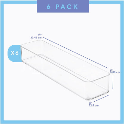 primebox Plastic Clear Drawer Organizers. Bathroom. Kitchen, Bedroom, Utensils, Office Organizer Bins, Storage Trays. Stackable. 9" x 6" x 2" Set of 6