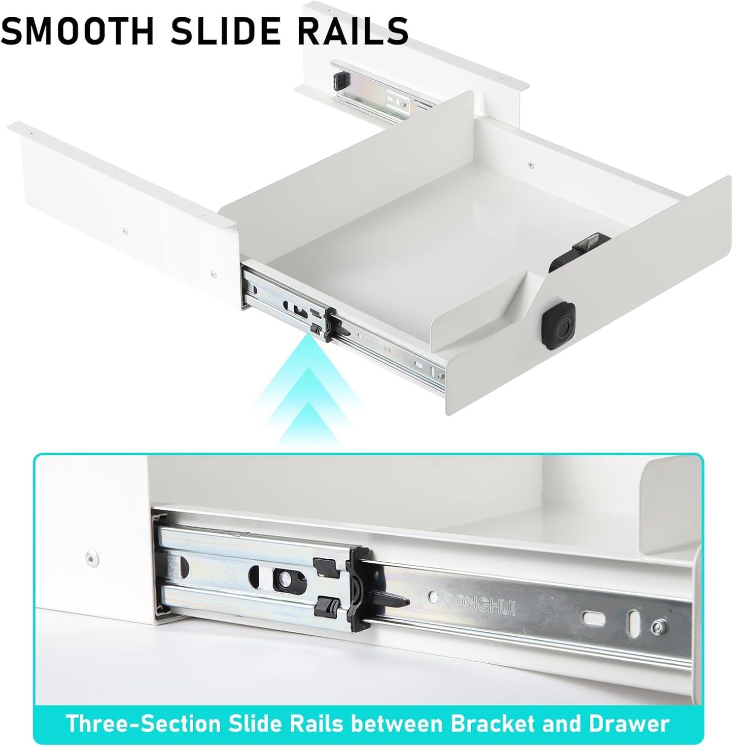 Under Desk Drawer Storage with Lock, Metal Undermount Table Drawer, Ball Bearing Slides Out Tray Organizer for Paper, Pencil, and Laptop 16"x11.8"x3.6", White