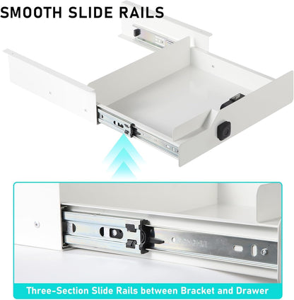 Under Desk Drawer Storage with Lock, Metal Undermount Table Drawer, Ball Bearing Slides Out Tray Organizer for Paper, Pencil, and Laptop 16"x11.8"x3.6", White