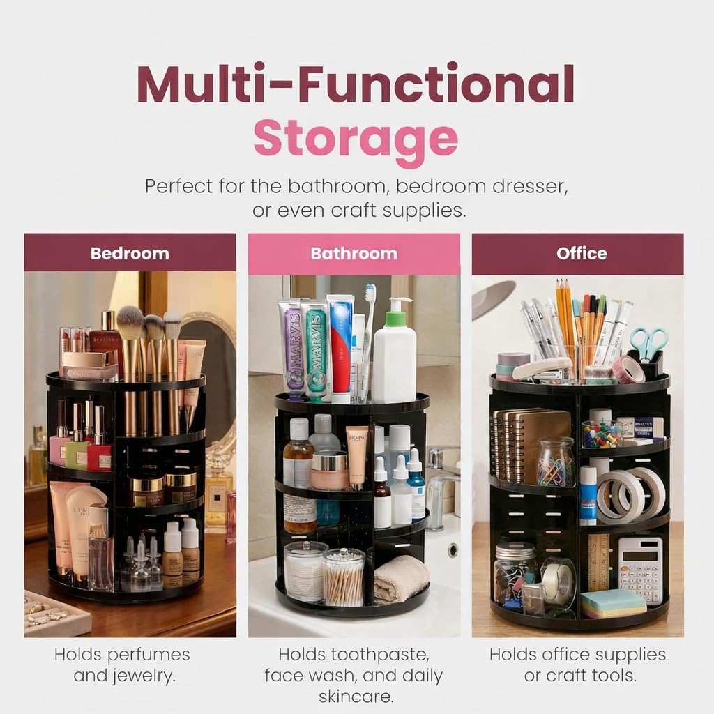 Masirs Small 360 Rotating Makeup Organizer - Mini Yet Spacious Cosmetic Storage Solution with Multiple Compartments - The Perfect Spinning Make-Up Caddy for Vanity or Bathroom Counter (Round - Clear)
