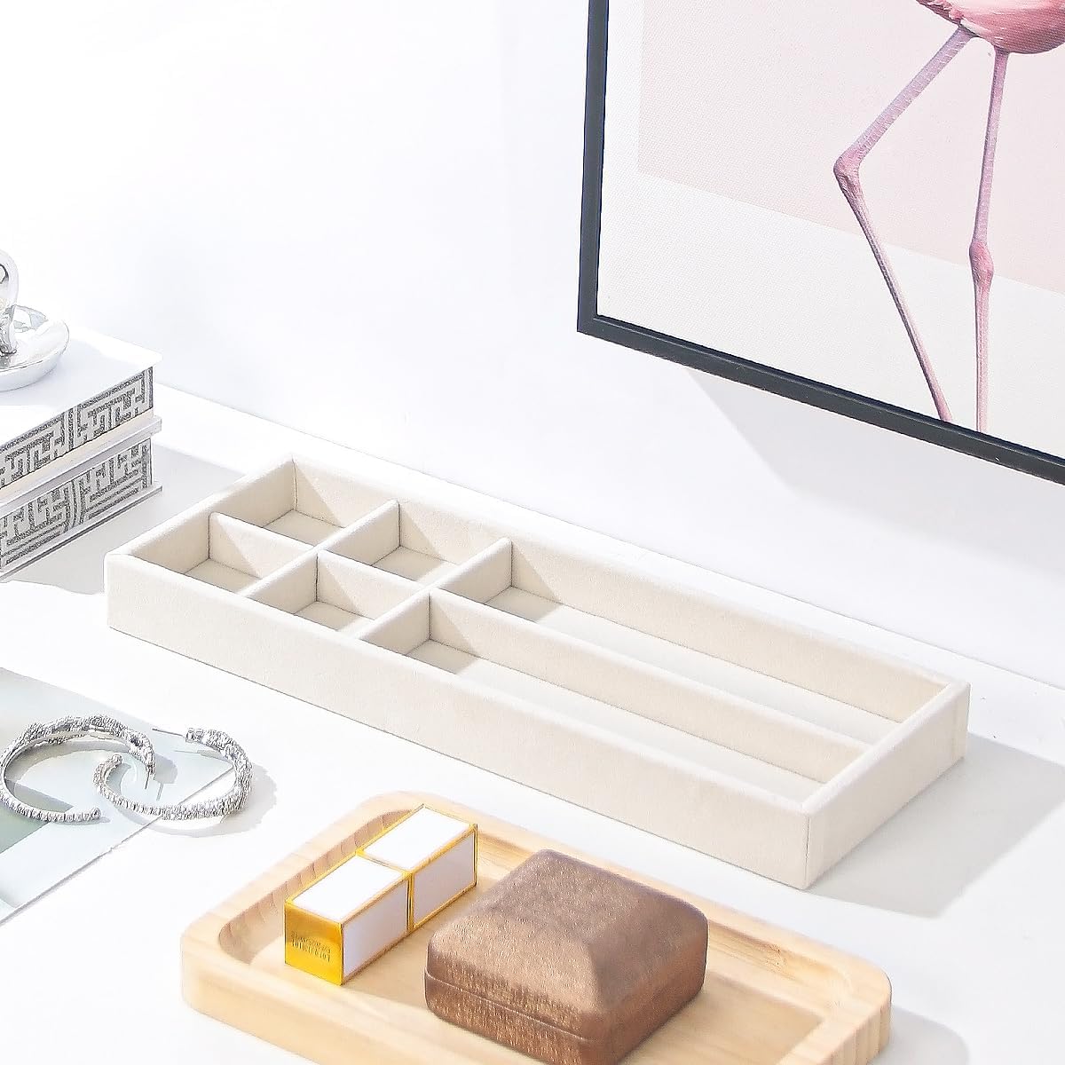Divided Drawer Organizer Tray, Velvet Jewelry Storage Tray, Necklace Bracelet Ring Earring Display Tray,Bedside Nightstand Desk Holder Tray for Phone Watch Sunglasses Cosmetics Storage/Beige/1grid