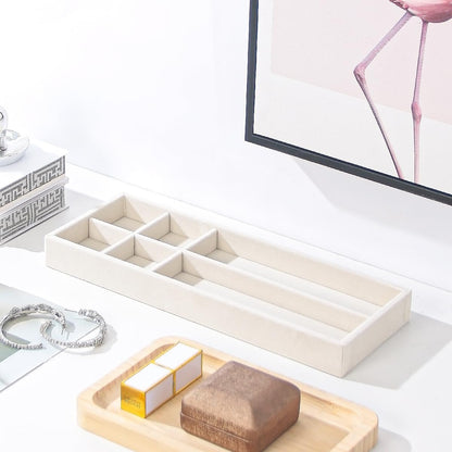 Divided Drawer Organizer Tray, Velvet Jewelry Storage Tray, Necklace Bracelet Ring Earring Display Tray,Bedside Nightstand Desk Holder Tray for Phone Watch Sunglasses Cosmetics Storage/Beige/1grid