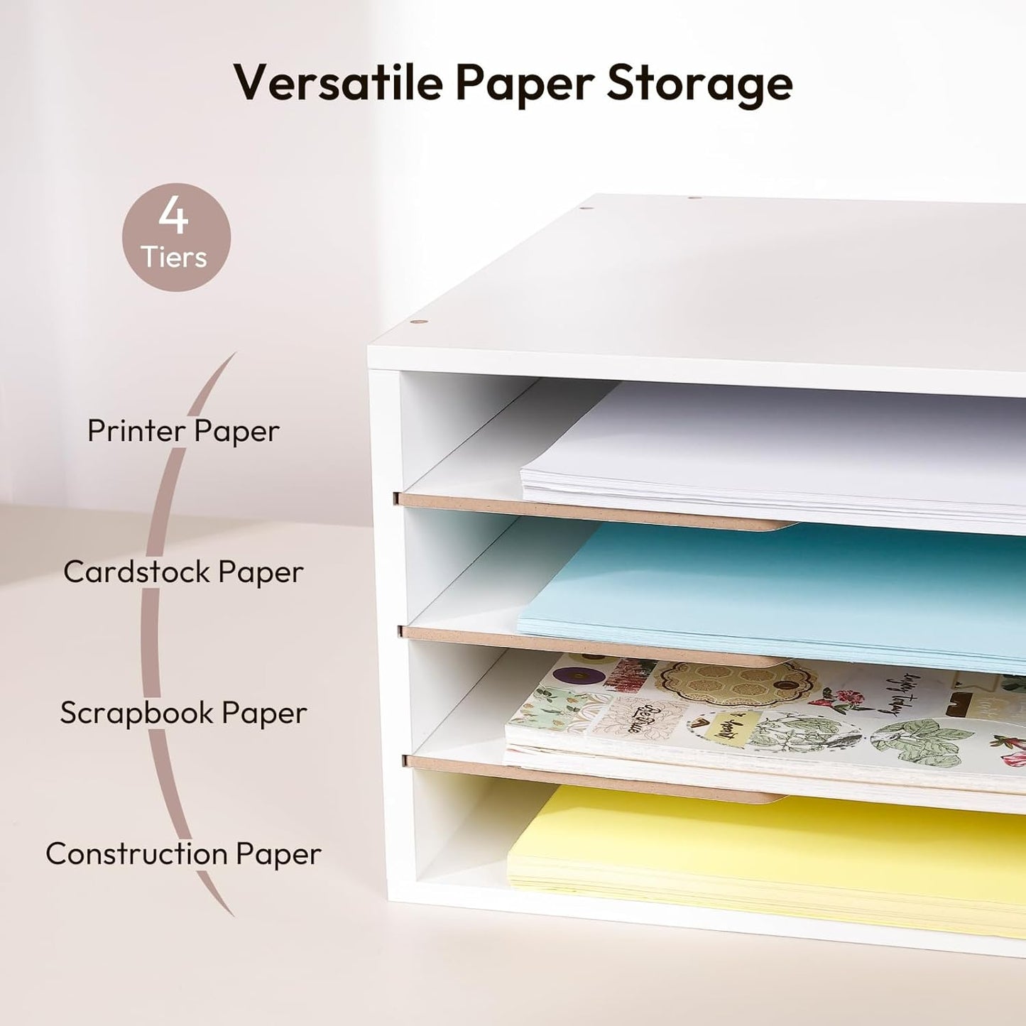 Yumkfoi 12x18 Construction Paper Organizer, 4-Tiers Paper Storage Shelf, Wooden Desk Organizer, File Holder and Letter Tray for Office, Home, Classroom
