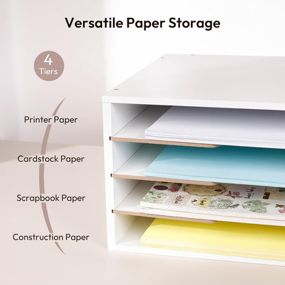 Yumkfoi 12x18 Construction Paper Organizer, 4-Tiers Paper Storage Shelf, Wooden Desk Organizer, File Holder and Letter Tray for Office, Home, Classroom
