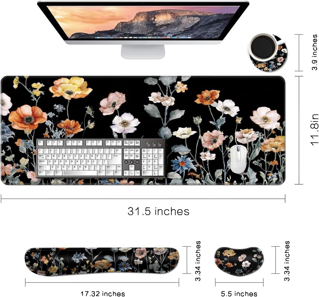 MIBITRI Keyboard Mouse Pad Set, Extended Gaming Mouse Pad+Ergonomics Keyboard Wrist Rest Support, Memory Foam, Easy Typing Pain Relief, 4Pcs XXL Ultra Thick Desk Mat, Enchanted Bookshelf