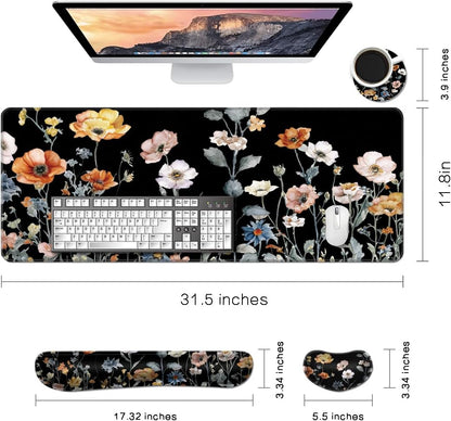 MIBITRI Keyboard Mouse Pad Set, Extended Gaming Mouse Pad+Ergonomics Keyboard Wrist Rest Support, Memory Foam, Easy Typing Pain Relief, 4Pcs XXL Ultra Thick Desk Mat, Enchanted Bookshelf