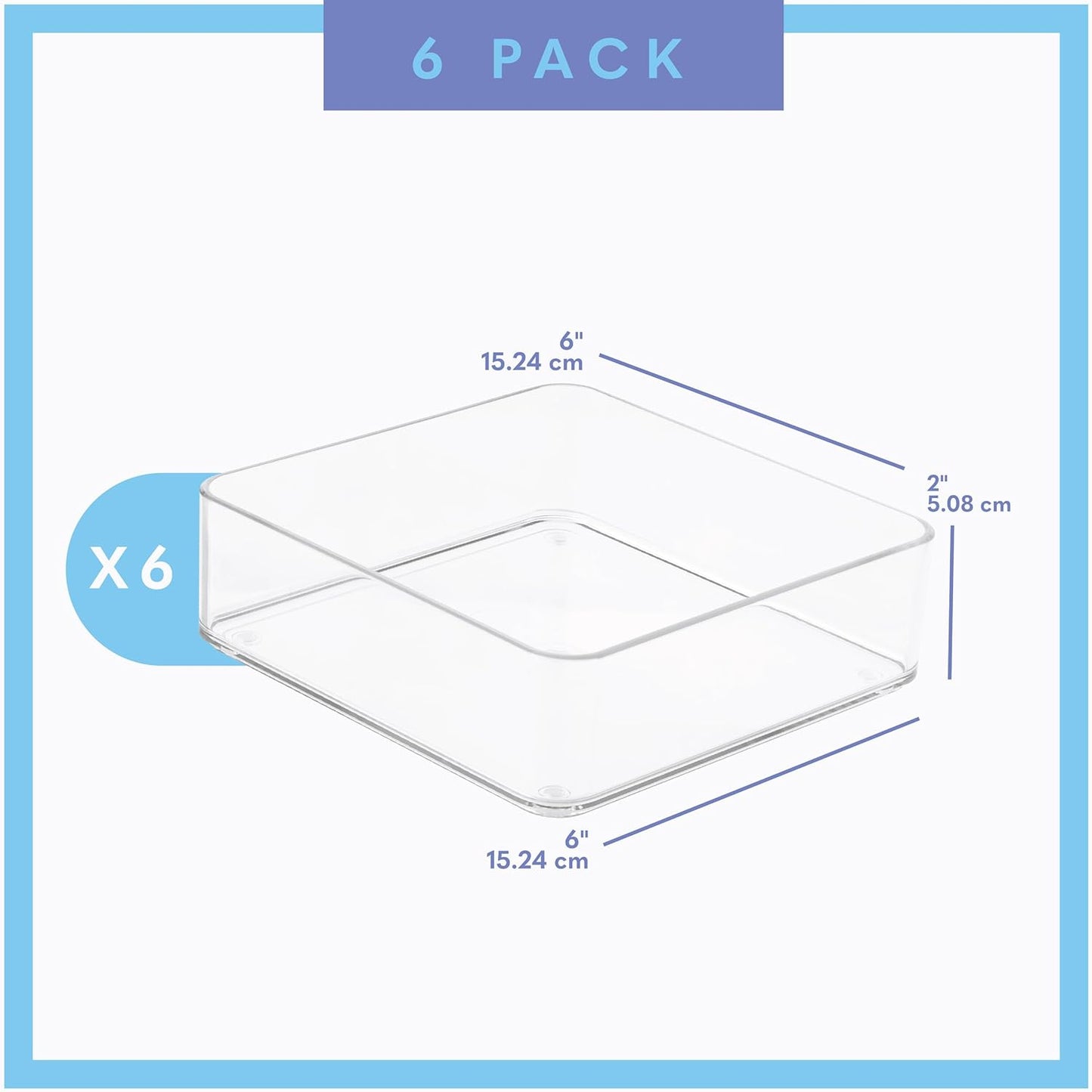 primebox Plastic Clear Drawer Organizers. Bathroom. Kitchen, Bedroom, Utensils, Office Organizer Bins, Storage Trays. Stackable. 9" x 6" x 2" Set of 6