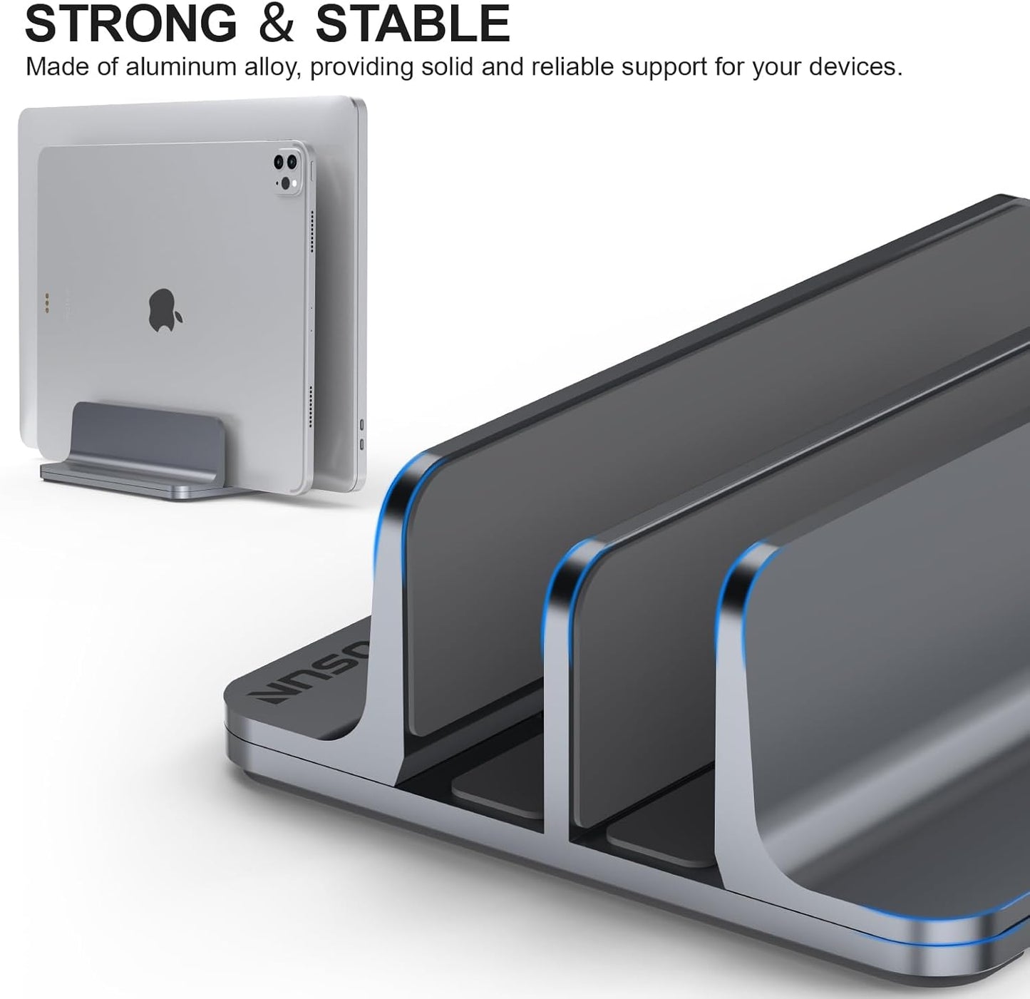 YICOSUN Aluminum Vertical Laptop Stand for Desk - Adjustable Width Dock for MacBook, Surface, Samsung, HP, Dell up to 17.3 inches - Space-Saving & Protective Design - Gray