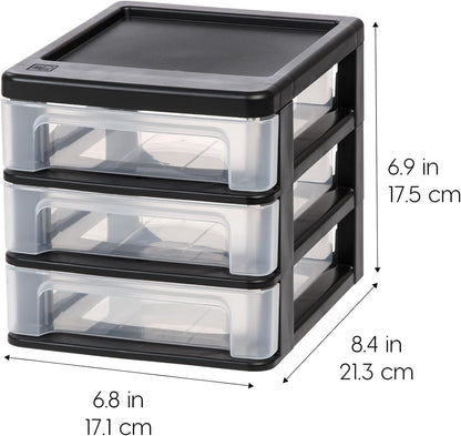 IRIS USA Plastic Stacking Desk Top 3-Drawer Storage Organizer, 2-Pack, for Makeup Vanity Nail Polish Bathroom Stationery Art Craft Supplies Kitchen Office Garage and Small Organization, Small, Black