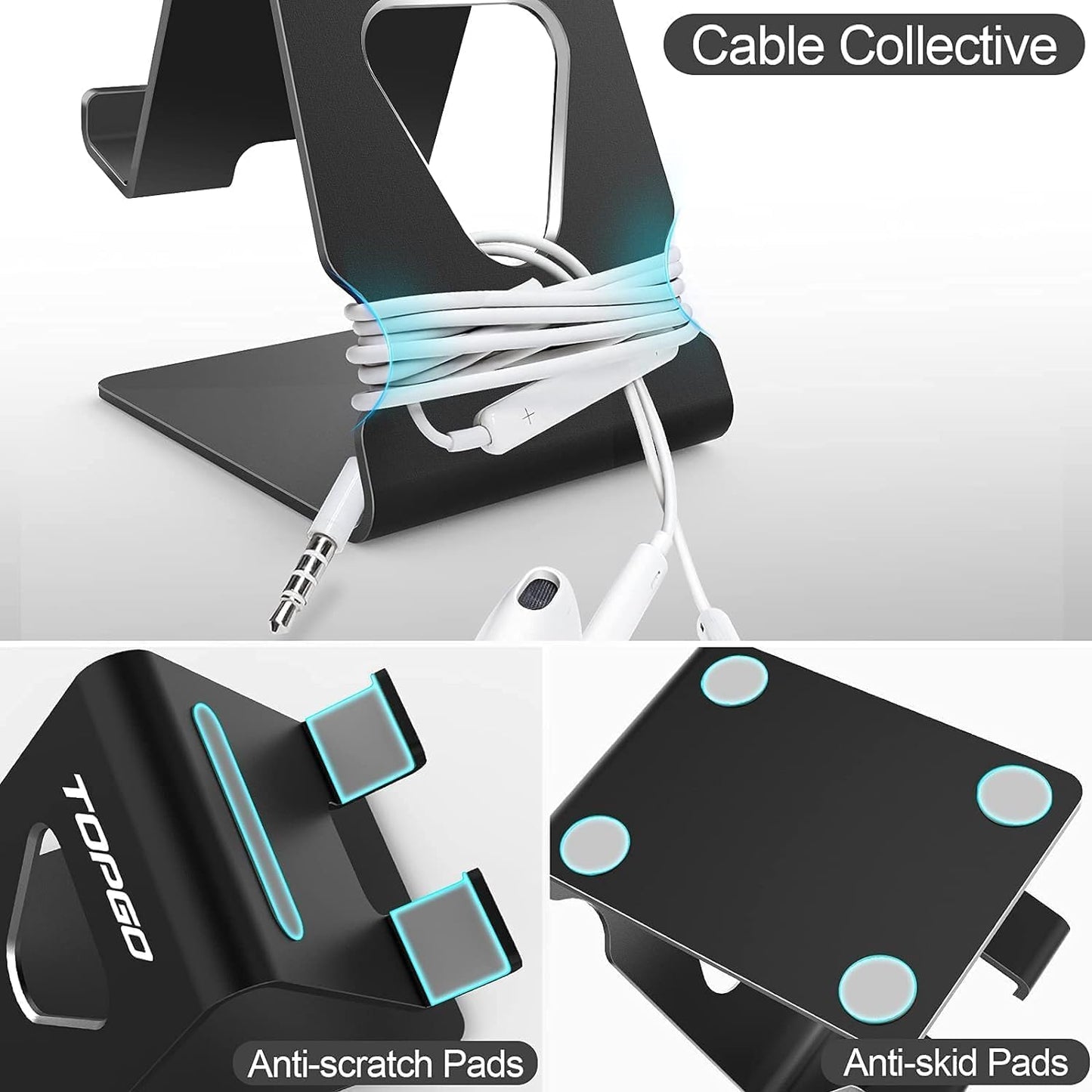 TOPGO 2 Pack Cell Phone Stand, Phone Dock, Cradle, Holder, Aluminum Desktop Phone Stand with Cable Collective for Office Desk, Bedside Table Compatible with iPhone 17 16 15 14 13 12 Pro Max - Black
