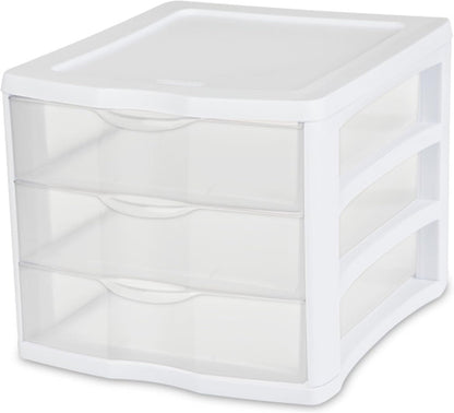 Sterilite 4-Pack 3 Drawer Unit, Stackable Plastic Organizer with Drawers, White Frame - Multi-Purpose Countertop Storage Containers for Office Supplies, Craft Rooms, Classrooms and Home Organization