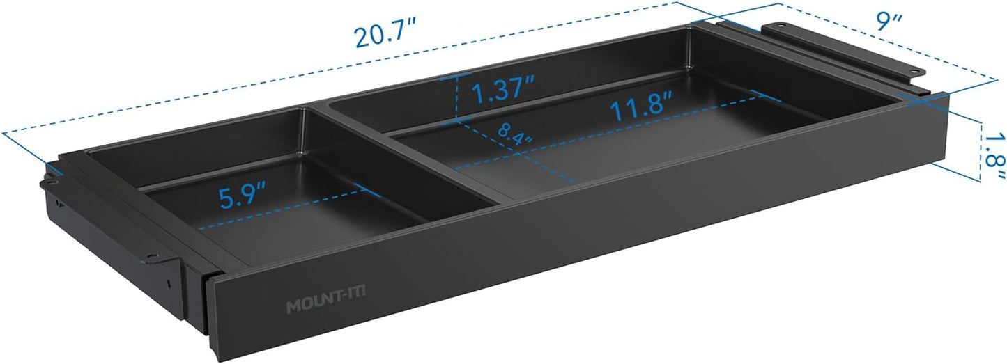 Mount-It! Under Desk Drawer Organizer with 2 Compartments, Shallow Low-Profile Slide-Out Desk Tray, 20.7″ x 8.9″ x 1.8″, Pull-Out Pencil Drawer for Traditional & Standing Desks - Black