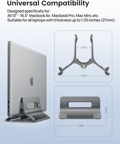 SODI Vertical Laptop Stand for Desk, Gravity Auto Lock MacBook Stand, Aluminum Laptop Holder Vertical Compatible with MacBook Pro, Air, Tablet, Space-Saving Organize Work & Home Office, Gray