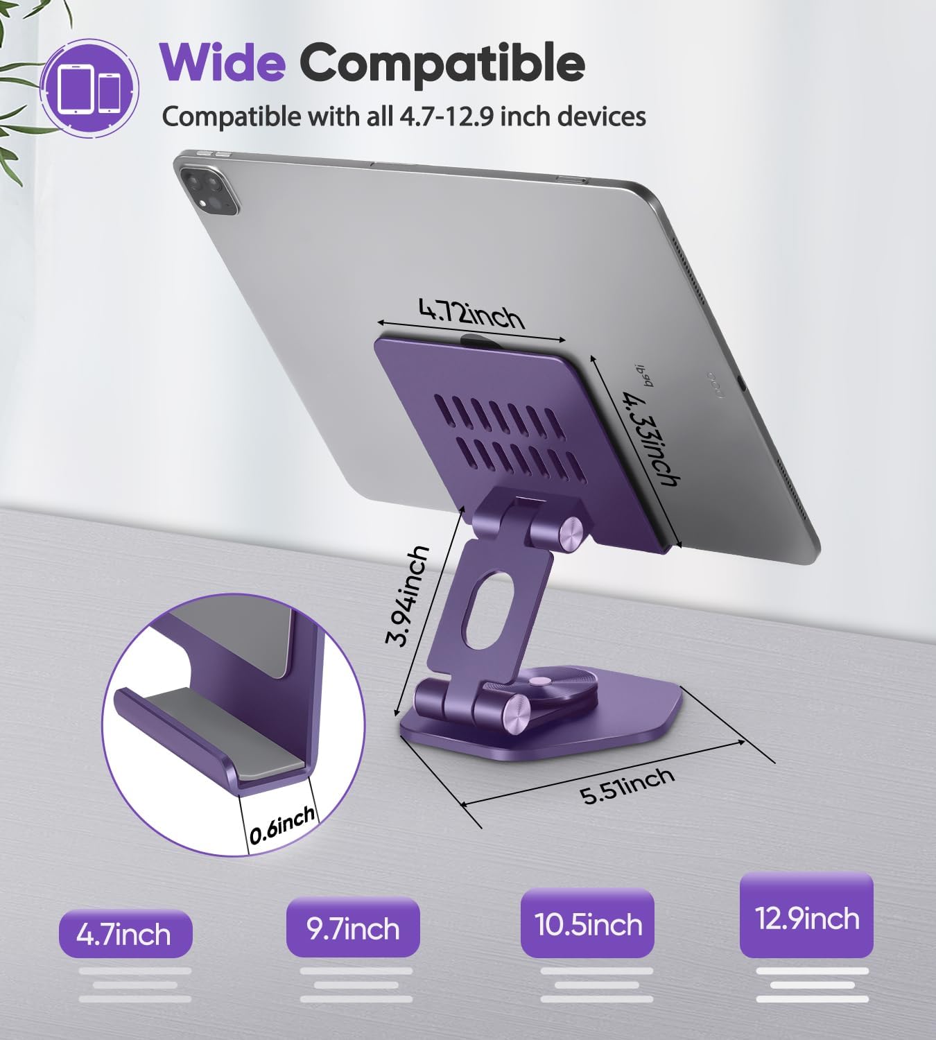 Aluminum Tablet Stand for Desk, 360° Swivel iPad & Tablet Holder – Thickened Material & Foldable Desktop Mount for 5–12.9in Devices, Black