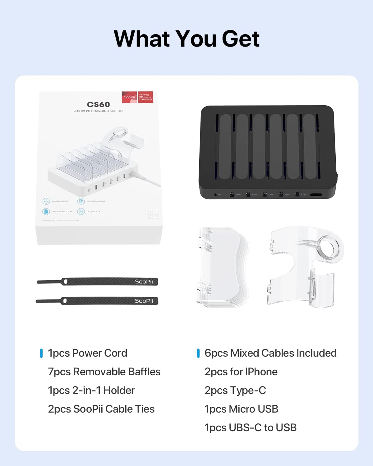 SooPii 60W 6-Port PD Charging Station for Multiple Devices, 20W PD USB C Fast Charging for lPhone 14/13/12,6 Short Cables Included, 2 in 1 Holder,for Phones,Tablets and Others…