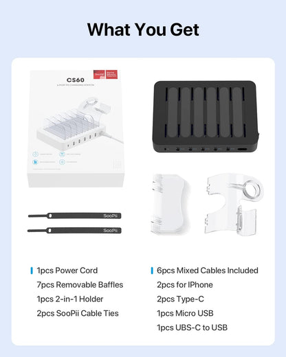 SooPii 60W 6-Port PD Charging Station for Multiple Devices, 20W PD USB C Fast Charging for lPhone 14/13/12,6 Short Cables Included, 2 in 1 Holder,for Phones,Tablets and Others…