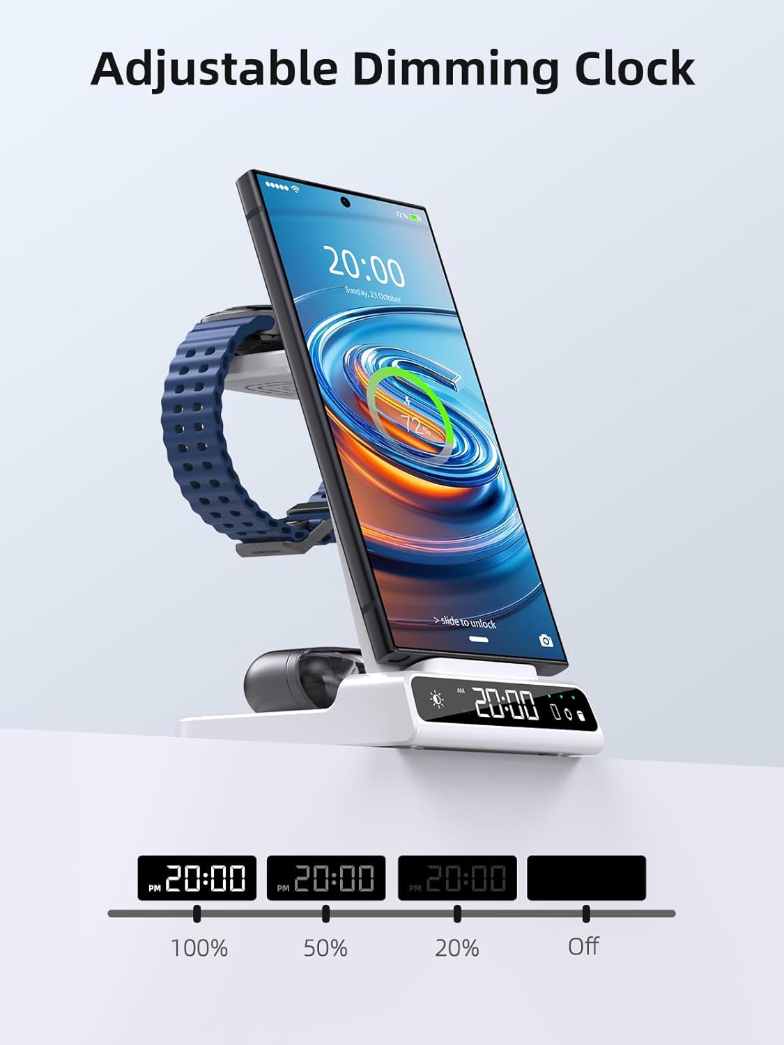 Wireless Charger for Samsung Charging Station: 3 in 1 Android Charging Stand with Dimmable Clock - Nightstand Organizer for Galaxy S25 Ultra, Galaxy Watch 8 7 6 5 4, Galaxy Buds, Space-Saving Charger