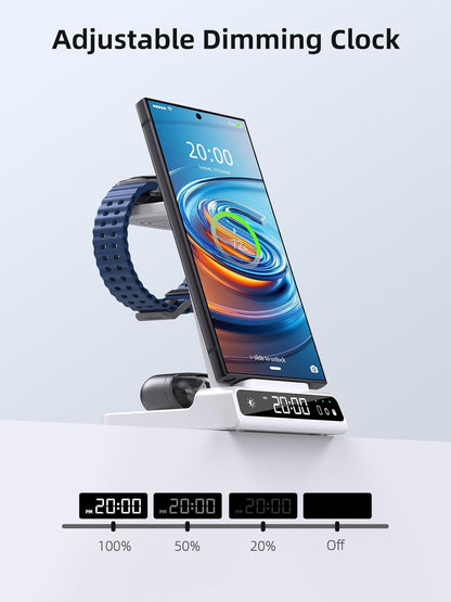 Wireless Charger for Samsung Charging Station: 3 in 1 Android Charging Stand with Dimmable Clock - Nightstand Organizer for Galaxy S25 Ultra, Galaxy Watch 8 7 6 5 4, Galaxy Buds, Space-Saving Charger