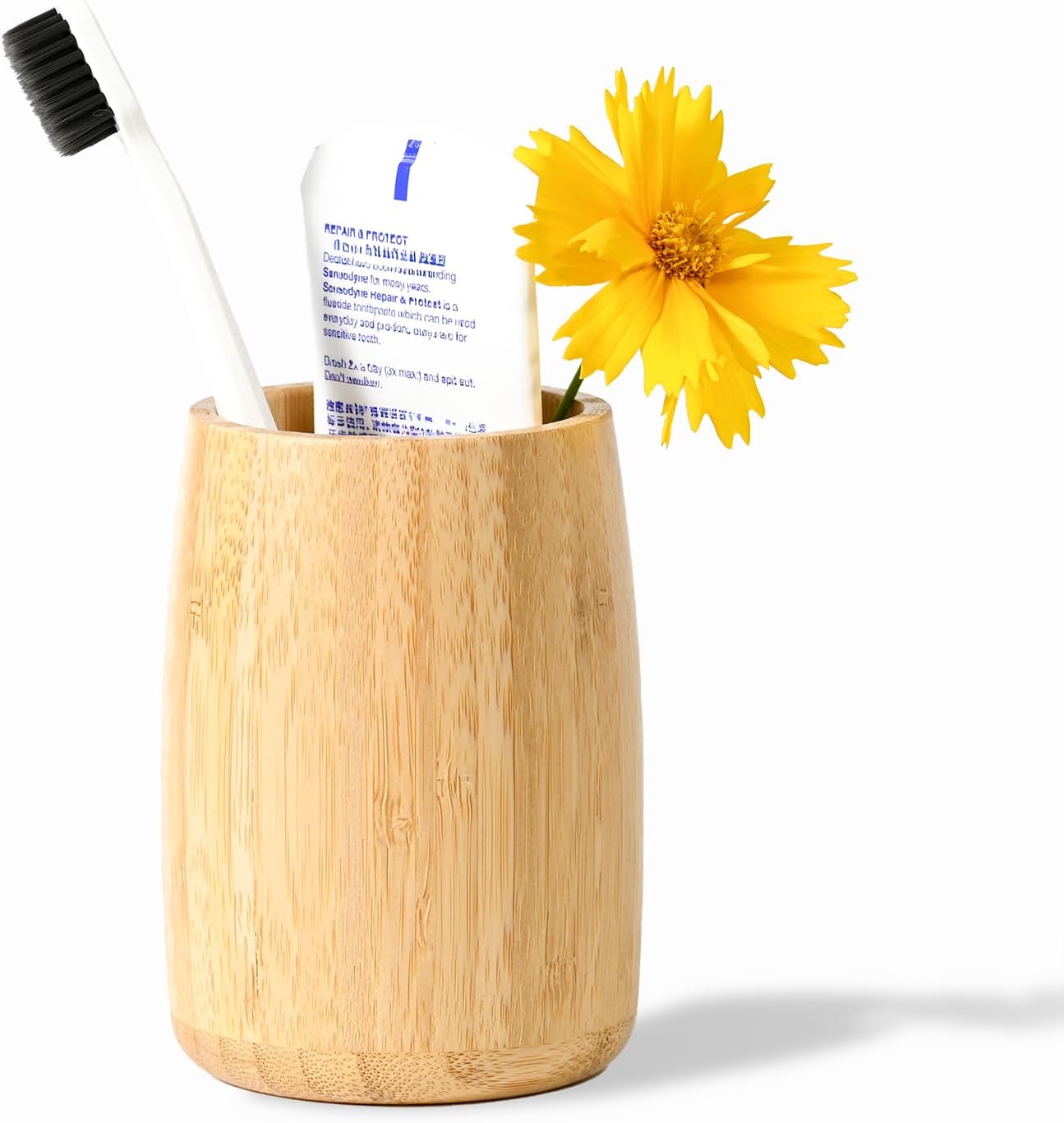 Natural Bamboo Toothbrush Holder 2 Pack, Simple Minimal Cylindrical Tumbler for Bathroom Countertop, Unbreakable Makeup Brush or Pen Organizer, Desktop Accessory