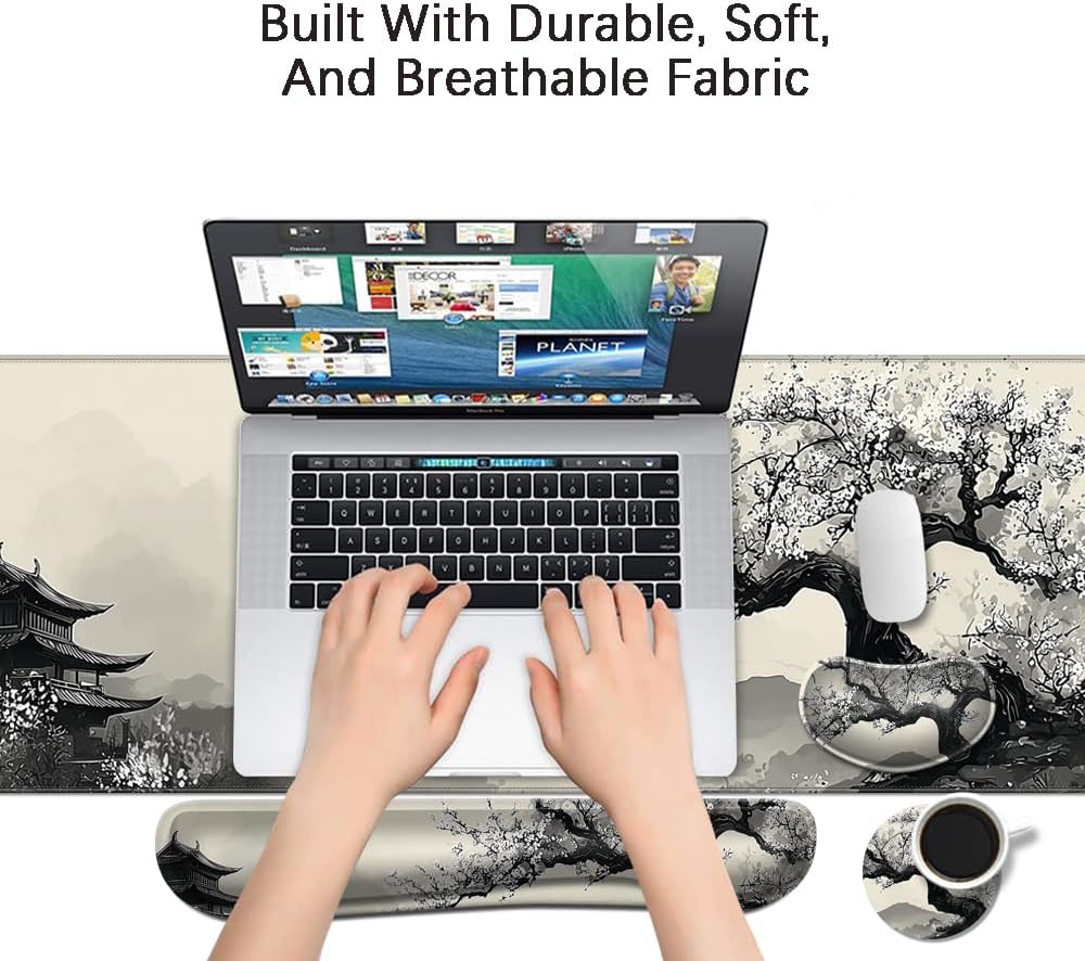 MIBITRI Keyboard Mouse Pad Set, Extended Gaming Mouse Pad+Ergonomics Keyboard Wrist Rest Support, Memory Foam, Easy Typing Pain Relief, 4Pcs XXL Ultra Thick Desk Mat, Enchanted Bookshelf